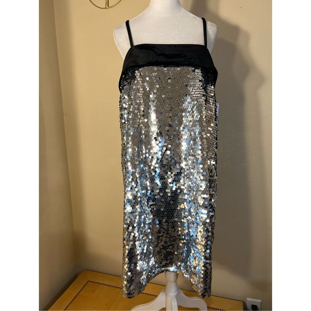 Nwt! Open Edit Silver Black Sequin Shift Dress W … - image 7